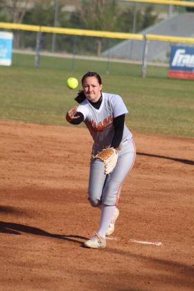 Maud pitcher Kadie Jencik hurls it home during the fifth inning of the Class A State Quarterfinal game with #1-ranked Red Oak on May 2 at the USA Softball Hall of Fame Stadium. The Lady Tigers lost, 4-34, and ended the season with a record of 21-8.
