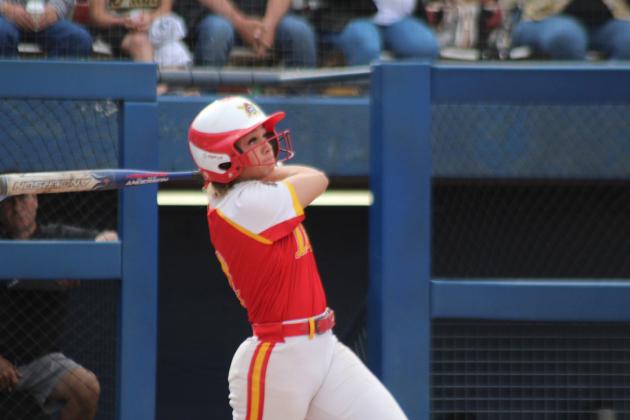 Dale senior Chayse Caram hits a home run in the first inning of the Class 3A State Tournament Finals against Caddo on May 3. On the same day, the Lady Pirates beat Haskell, 11-4, and Tushka, 13-2, at the USA Softball Hall of Fame Stadium. They were named Class 3A Runners-Up after falling in the finals, 8-13. Countywide &amp; Sun/Natasha Dunagan