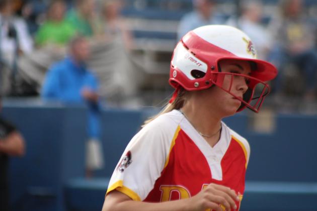 Dale senior Chayse Caram hits a home run in the first inning of the Class 3A State Tournament Finals against Caddo on May 3. On the same day, the Lady Pirates beat Haskell, 11-4, and Tushka, 13-2, at the USA Softball Hall of Fame Stadium. They were named Class 3A Runners-Up after falling in the finals, 8-13. Countywide &amp; Sun/Natasha Dunagan