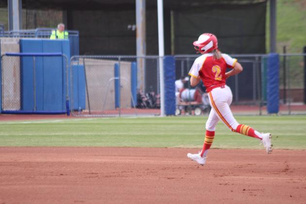 Dale senior Chayse Caram hits a home run in the first inning of the Class 3A State Tournament Finals against Caddo on May 3. On the same day, the Lady Pirates beat Haskell, 11-4, and Tushka, 13-2, at the USA Softball Hall of Fame Stadium. They were named Class 3A Runners-Up after falling in the finals, 8-13. Countywide &amp; Sun/Natasha Dunagan