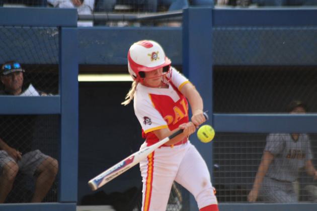 Dale freshman Reese Herring hits a double in the sixth inning of the Class 3A State Tournament Finals against Caddo on May 3. On the same day, the Lady Pirates beat Haskell, 11-4, and Tushka, 13-2, at the USA Softball Hall of Fame Stadium. They were named Class 3A Runners-Up after falling in the finals, 8-13. Countywide &amp; Sun/Natasha Dunagan