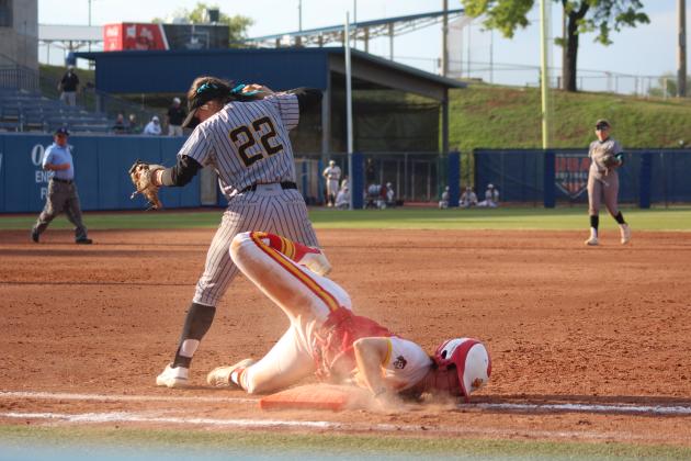 Dale junior Karsen Griggs slides into first base with a rough landing in the seventh and final inning of the Class 3A State Tournament Finals against Caddo on May 3. On the same day, the Lady Pirates beat Haskell, 11-4, and Tushka, 13-2, at the USA Softball Hall of Fame Stadium. They were named Class 3A Runners-Up after falling in the finals, 8-13. Countywide &amp; Sun/Natasha Dunagan