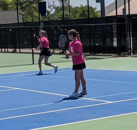 Shawnee seniors Anna Jordan, left, and Mia Jennings played #1 Doubles in state competition, May 5, and lost their first round to the fifth-seed Duncan. They kept their season alive by defeating Grove - 6-0, 6-3 - in the first round of consolations. On May 6, they lost to Riverfield, 3-6, 4-6. Shawnee juniors Bella Koepke and Lexy Canaday played #2 Doubles at state and also lost their first round to the fifth-seed Duncan. "They then lost a hard-fought match down to the wire against Ardmore, 6-3, 1-6 (4-10)."