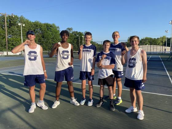 The Shawnee Boys Tennis Team competed in the Regional Competition held at Ada High School on May 8. Shown, from left, are Austin Yates, Kelon Chandler, Hagen Wells, Benji Cole, Carter Schollenbarger and Bryce Comstock with their medals. Photo provided.