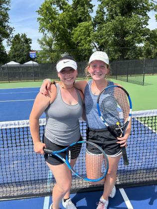 Tecumseh #2 Doubles Team Karsyn McDonald and Laycee Thoma, shown, won their first round at state competition in OKC, May 5-6. "They lost their second round; won the third round; lost their fourth round; and won the fifth round to finish seventh in the state!" reported Coach Jennifer McKnight. In #1 Singles, Tara Lack lost her first round; won the second round; and lost her third round to finish in the top 12.