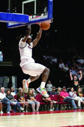 Potawatomi Fire Guard/Forward K.D. Moore makes a slam dunk in the second quarter of the second game during the TBL Finals with the St. Louis Griffins at FireLake Arena on June 26. They won 127-95 to force the third game on June 27. Countywide &amp; Sun/Natasha Dunagan