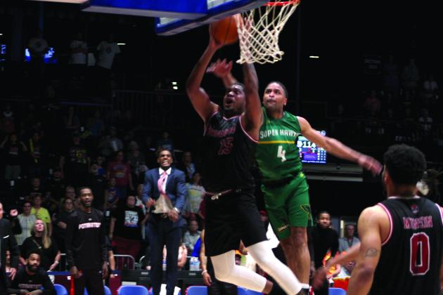 During the last minute of the game, Potawatomi Fire Forward/Center T.J. Maston makes a basket, adding to their hard-fought lead on June 19 at FireLake Arena. The Fire won the TBL Central Conference Regionals against the Seattle Super Hawks, 124-114. Countywide &amp; Sun/Natasha Dunagan