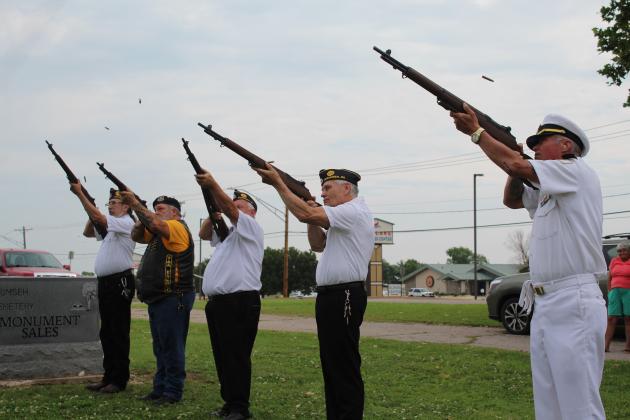 American Legion Post 260 Honor Guard give the 21-gun salute during the Tecumseh Memorial Day service at Tecumseh Cemetery on May 29. They are Post Adjutant William Gammage; Ralph "Rowdy" Butler of Roll to Wreaths Riders 4 Vets; Commander Tom Snodgrass; Chaplain Stuart Rose; and U.S. Naval Sea Cadet Patriot Division PAO Officer Roy Wano. Roll to Wreaths Riders 4 Vets and Sea Cadets are sponsored by Post 260. Countywide &amp; Sun/Natasha Dunagan