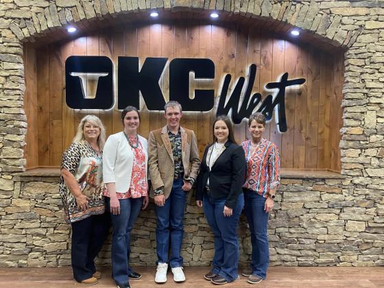 Dale grad Morley Griffith, fourth from left, won the Senior Division of the Oklahoma Cattle Women’s Beef Advocate Contest on April 14 for the second year. Contestants are judged on staged media and peer interviews in which they must demonstrate their knowledge of the cattle industry and beef nutrition. From left, are Tammi Didlot with the Oklahoma Cattle Women’s Association (OCWA); Maysen Garrett, third place; Bridger Arrington, second place; Griffith, first place; &amp; DeeDee Haynes, of OCWA. Photo provided