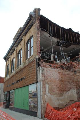 Pott. County Book &amp; Office Supply, at 109 E. Main in Shawnee, has significant damage after the April 19 tornadoes. The western wall on the second and third stories was blown out, and part of the storefront window was broken, as was a second-story window. Also, a large pile of bricks from the 1907 building now fill the area next to it. Owners Terry and Mary Webb are waiting on their insurance's structural engineer report on the building to determine if they should make repairs.