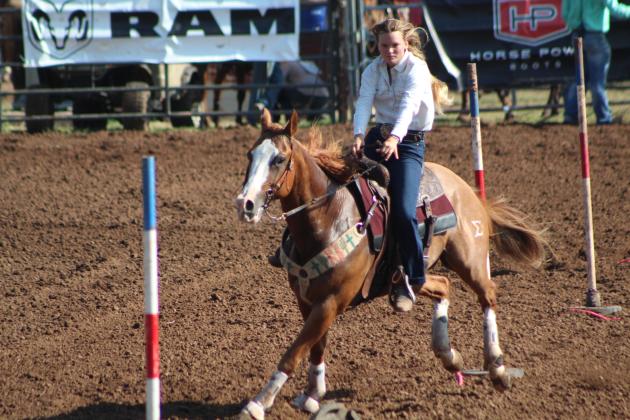 Kacey Bass of Brenham, TX, competes in the Pole Bending second round of the IFYR on July 13. Bass didn't win this event, but she did win in Barrel Racing. Countywide &amp; Sun/Natasha Dunagan