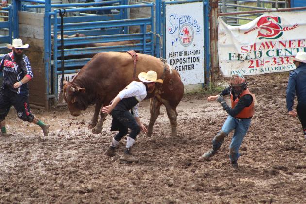 IFYR volunteers handle a bull to let Ryker Butler get away.