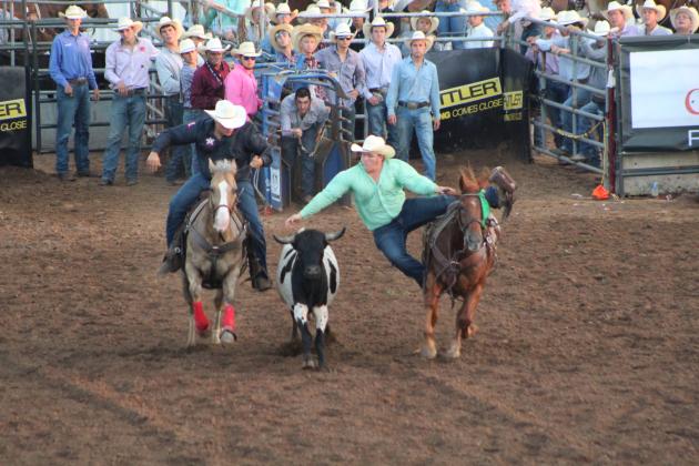 Hadley Jones of Lumberton, MS, competes in steer wrestling on July 10.