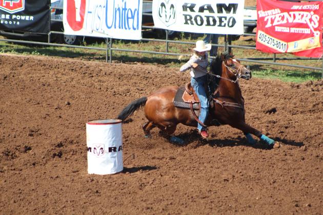 Madison Van Brunt of Shawnee competes in the barrel racing event of the IFYR on the morning of July 10. Countywide &amp; Sun/Natasha Dunagan