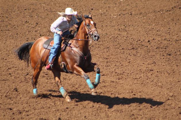 Madison Van Brunt of Shawnee competes in the barrel racing event of the IFYR on the morning of July 10. Countywide &amp; Sun/Natasha Dunagan