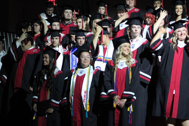 Members of the North Rock Creek High School Class of 2023 move their tassels at the second-ever NRC Graduation Ceremony on May 19. NRC graduated 71 seniors this year.