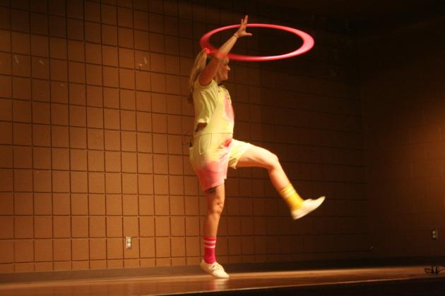 Rachel Collier, a juggler and hula-hoop artist at Inspyral Circus performed a mind warping hula hoop routine at the Tecumseh Public Library on Thursday, July 6, for its annual Summer Learning Challenge. Countywide&amp; Sun/Valerie Scott