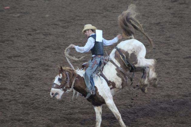 Mitchie Storie of Aztec, NM, competes in the Saddle Bronc finals of the IFYR on July 14. Countywide &amp; Sun/Natasha Dunagan