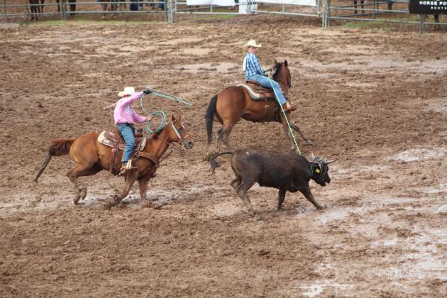Kasey Keys, right, of Shawnee ropes a steer and holds him for Rance Tucker of Blair, OK, to rope the back legs during the Team Roping event of the IFYR on the morning of July 11.