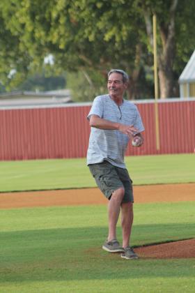 Dale Alum Joe Mortimer throws out the first pitch on Aug. 18.