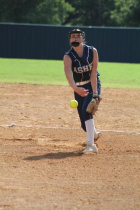 Asher senior Magi Melton delivers the ball to home in the game with Wayne on Aug. 25, during the Asher Softball Tournament. The Lady Indians won that game, 2-1, and they won against Varnum the day before, 11-5, but they lost their second game with Wayne and against Stratford, Aug. 26. Countywide &amp; Sun/Natasha Dunagan