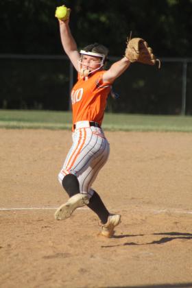 Maud's Makalee Harrell aims to put it over home base during the home game with Vanoss, Aug. 28. The Lady Tigers lost, 11-12, making their record 9-7. Countywide &amp; Sun/Natasha Dunagan