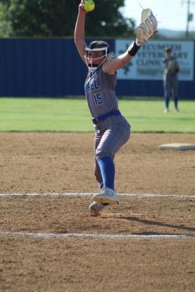 Bethel freshman Kinley Anthony slings the ball past home plate during the fourth inning of the home game with Casady on Aug. 11. The Lady Wildcats won, 13-1. Countywide &amp; Sun/Natasha Dunagan