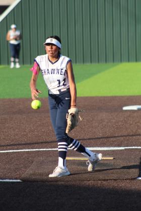 Shawnee freshman Alivia Grass winds up for the fast pitch during the McAlester game in the Shawnee Softball Tournament, held at FireLake Ball Fields on Aug. 24. The Lady Wolves lost 6-25. Countywide &amp; Sun/Natasha Dunagan