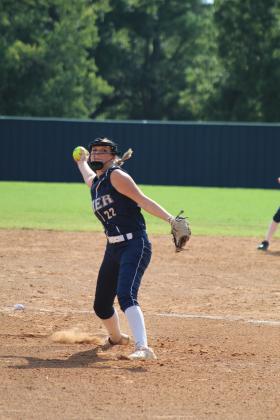 Asher senior Magi Melton winds up her pitch in the game with Wayne on Aug. 25, during the Asher Softball Tournament. The Lady Indians won that game, 2-1, and they won against Varnum the day before, 11-5, but they lost their second game with Wayne and against Stratford, Aug. 26. Countywide &amp; Sun/Natasha Dunagan