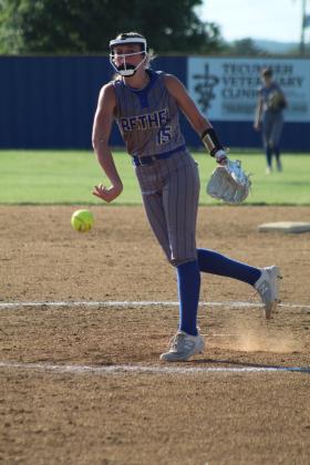 Bethel freshman Kinley Anthony slings the ball past home plate during the fourth inning of the home game with Casady on Aug. 11. The Lady Wildcats won, 13-1. Countywide &amp; Sun/Natasha Dunagan