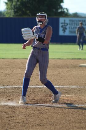 Bethel freshman Kinley Anthony slings the ball past home plate during the fourth inning of the home game with Casady on Aug. 11. The Lady Wildcats won, 13-1. Countywide &amp; Sun/Natasha Dunagan