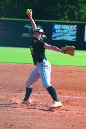Tecumseh sophomore Steeli Mitchell keeps her focus as she winds up the pitch in the second inning of the Aug. 22 game with Holland Hall. Countywide &amp; Sun/Natasha Dunagan