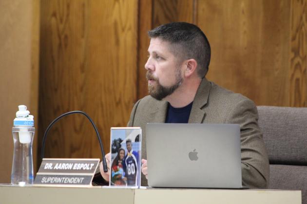 Superintendent Dr. Aaron Espolt gives his first report to the Shawnee Board of Education at the regular monthly meeting on Aug. 7. The former Assistant Superintendent of Business, Espolt and his family recently moved from Bristow. Countywide &amp; Sun/Natasha Dunagan