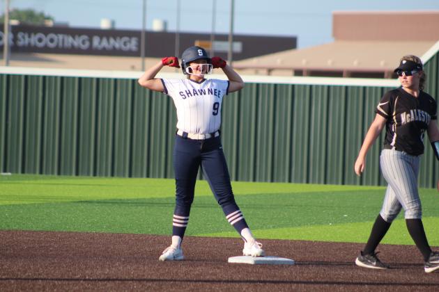 Shawnee freshman Abi Clements flexes her muscles after hitting a double during the McAlester game in the Shawnee Softball Tournament, held at FireLake Ball Fields on Aug. 24. The Lady Wolves lost 6-25. Countywide &amp; Sun/Natasha Dunagan