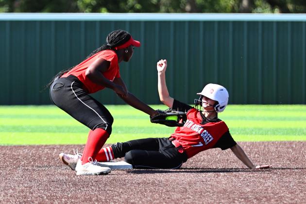 North Rock Creek's Lainey Joyner slides in safe at second during a home scrimmage held Friday, Aug. 4 again.st 6A Westmoore. The game ended in a 2-2 tie. Photo courtesy of Gowin Photography