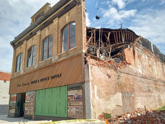 After part of the western wall was blown out in the April 19 tornadoes, the roof of the Pott. County Book &amp; Office Supply collapsed during another storm on July 3. Located at 109 E. Main in Shawnee, the former Kress's building was structurally unsound, and caused the city to close that block of Main. After the business had been in that location for 40 years, it was demolished on July 21, said owner Terry Webb. The building had been built in 1907. Webb said, at this time, he doubts they will rebuild.