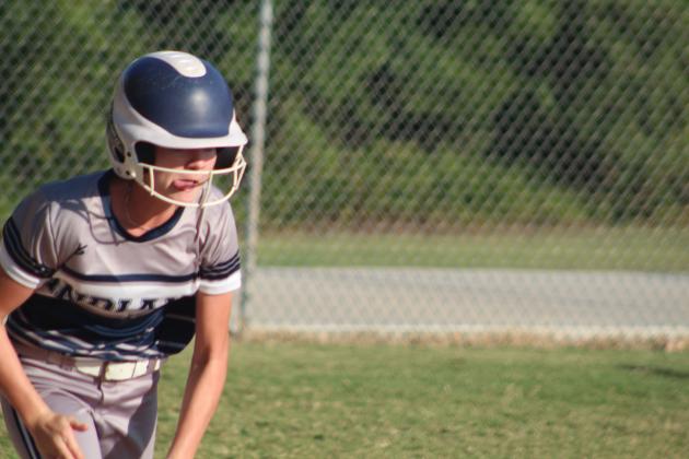 Asher freshman Mackenzie Thompson makes a mad dash after hitting a double in the first inning of the Sept. 5 game with Roff. The Lady Indians lost, 4-8. Countywide &amp; Sun/Natasha Dunagan