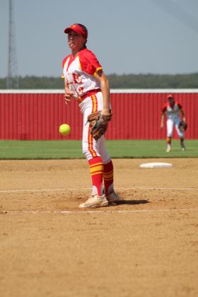 Dale's Teague Muncy hurls one past home plate in the game with Byng on Sept. 7. This was their first game in the Dale-Tecumseh Tournament, and the Lady Pirates took all five games to win the tournament. Countywide &amp; Sun/Natasha Dunagan