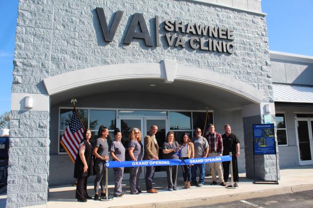 The OKC Veterans Affairs Health Care System leadership, Shawnee VA Clinic Staff and the Shawnee VA Clinic Facility Manager Nicole Hall, along with the building lessors, cut the ribbon during the Grand Reopening of the Shawnee VA Clinic on Sept. 18 - one year after it first opened. Shown, from left, are Sara Hatcher, Madison Clark, Becky Vanworth, Wade Vlosich, Valinda Shelton, Nicole Hall, Vernon Penick (CFS), Casey Zwirtz, Dirk Lenaburg. Countywide &amp; Sun/Natasha Dunagan