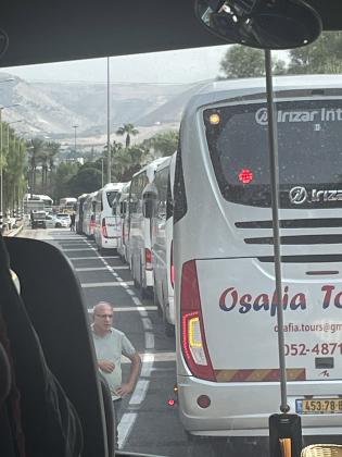 A long line of buses carry evacuees.