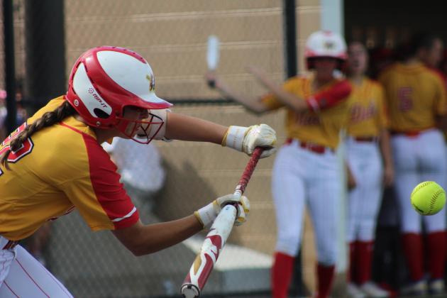 Dale's Gracee Waller prepares to bunt in the sixth inning of the Class 2A State Fastpitch Softball Quarterfinals on Oct. 5, held at FireLake Ball Fields. Countywide &amp; Sun/Natasha Dunagan