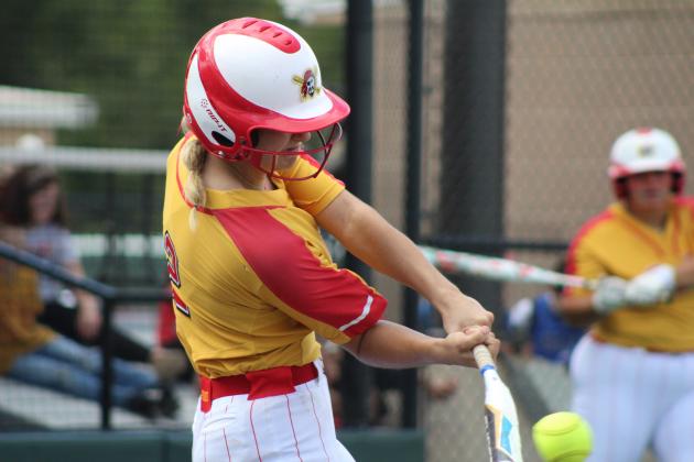 Dale's Kinley Patten makes contact with the ball in the third inning of the Class 2A State Fastpitch Softball Quarterfinals on Oct. 5, held at FireLake Ball Fields. Countywide &amp; Sun/Natasha Dunagan