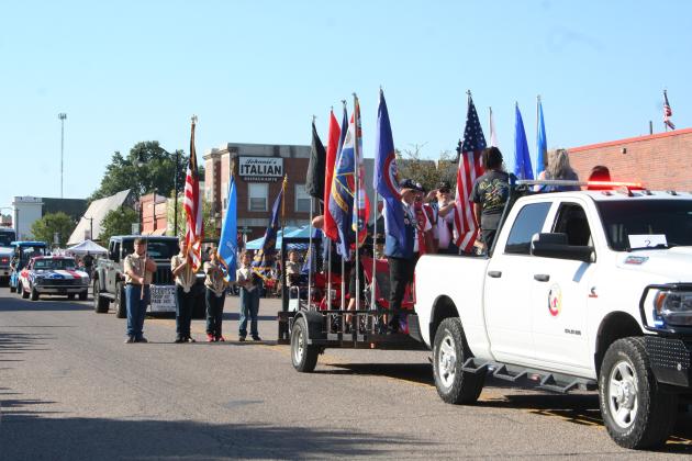 The Citizen Potawatomi Nation Color Guard stands at attention while the flag salute is given during the Frontier Days Parade on Sept. 30. Countywide &amp; Sun/Natasha Dunagan