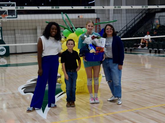 Shawnee High School held their Volleyball Senior Night on Oct. 5, with one senior on the team. Shown, from left, are Destiny Abubakir-Temple, SHS volleyball coach; Justin Lewellen, brother of Maryl Lewellen; Maryl Lewellen, senior volleyball player; and Courtney Lewellen, mother of Maryl. Photo provided by Cherity Pennington.