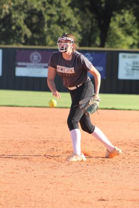 Tecumseh freshman Jacee Townsend sends the ball home during the Class 4A Fastpitch Softball Super Regionals on Oct. 5. This was in the second of three games with Blanchard over two days. The Lady Savages won the first game, 11-4; lost the second game, 2-4; and lost the third game in overtime, 6-8. They finish the season with a record of 32-6. Countywide &amp; Sun/Natasha Dunagan