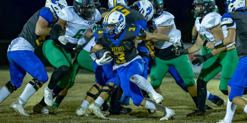 Bethel senior Brady Lower breaks away from the pack to run the ball during the Senior Night home game on Nov. 3. Bethel lost to Jones, 7-63. Photos provided by Richelle Treece.
