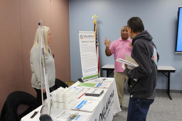 Central Oklahoma Juvenile Center Recruiters Sheryl Cowley and Army veteran Dupree Davis talk with Army veteran Steven Bauer, of Shawnee, about the many jobs available at COJC during the Oklahoma Employment Security Commission Veterans/Community Job Club on Nov. 2 at Gordon Cooper Technology Center. Countywide &amp; Sun/Natasha Dunagan
