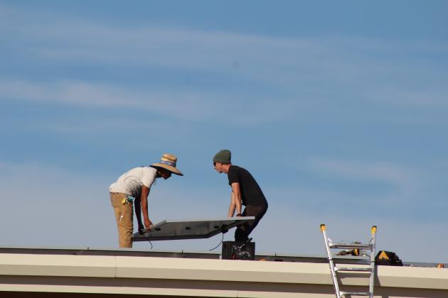 The crew of EightTwenty Solar work on installing 42 solar panels on the Earlsboro Elementary School building on Nov. 6. Principal Stacey Barton said he worked with OG&amp;E through the CLEAResult Program to make this happen. They were on a waiting list for the past five years. Countywide &amp; Sun/Natasha Dunagan