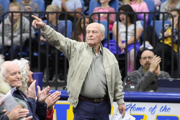 Navy veteran Gerald Nowlin points to the crowd after his name was announced during the Bethel High School Veterans Day Program on Nov. 10. Nowlin is the grandfather of Reese and Carter Nowlin who attend Bethel schools. Countywide &amp; Sun/Natasha Dunagan