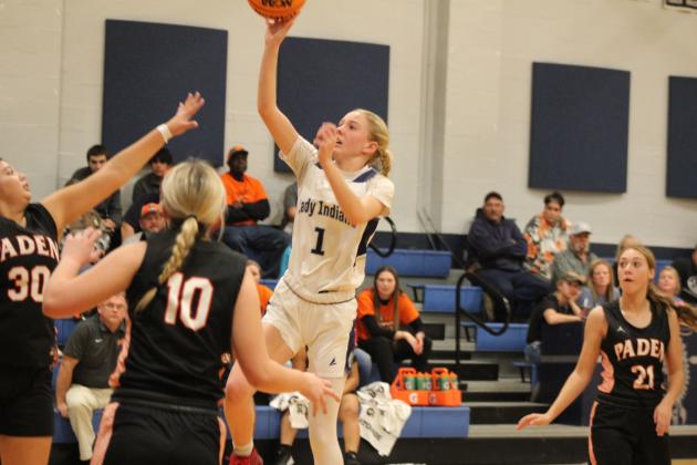 Asher's Ryleigh Reeser goes up for a basket during the home game on Nov. 10. The Lady Indians won, 52-22, and later that night, the Indians also won, 60-38. Countywide &amp; Sun/Natasha Dunagan